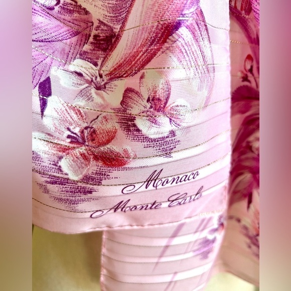 Vintage 1970s Scarf Sheer Oblong:  Monaco Monte Carlo Printed, Pink Rose Floral - Picture 5 of 15